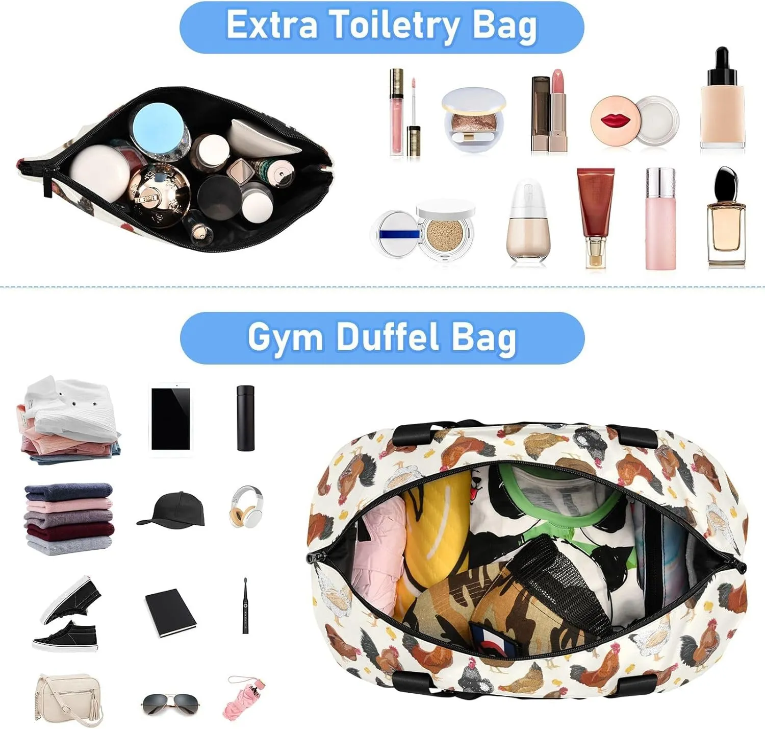ALAZA Hens Roosters and Chickens Travel Duffel Bag for Women Men Sports Gym Bag with Shoe Compartment Tote Weekender Overnight Bags with Wet Pocket for Travel,Gym,Yoga,Swimming