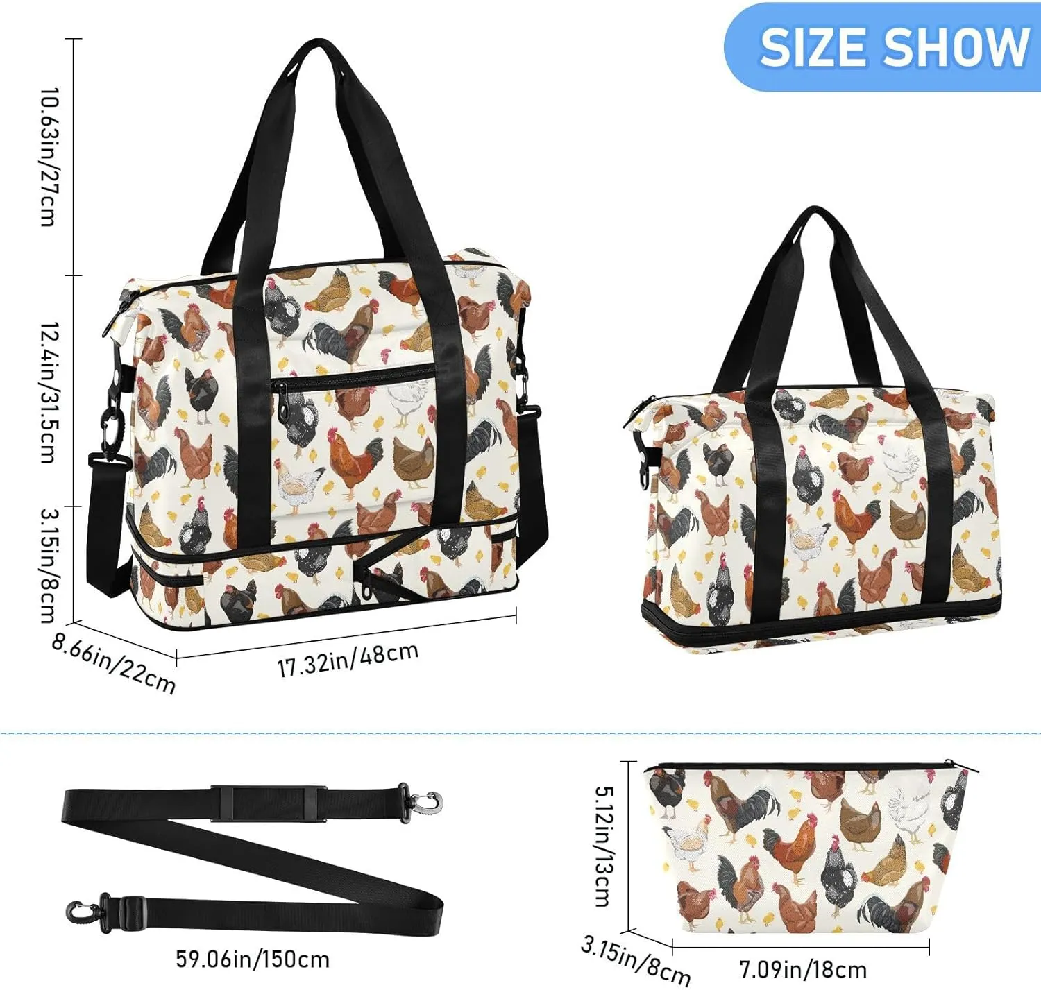ALAZA Hens Roosters and Chickens Travel Duffel Bag for Women Men Sports Gym Bag with Shoe Compartment Tote Weekender Overnight Bags with Wet Pocket for Travel,Gym,Yoga,Swimming
