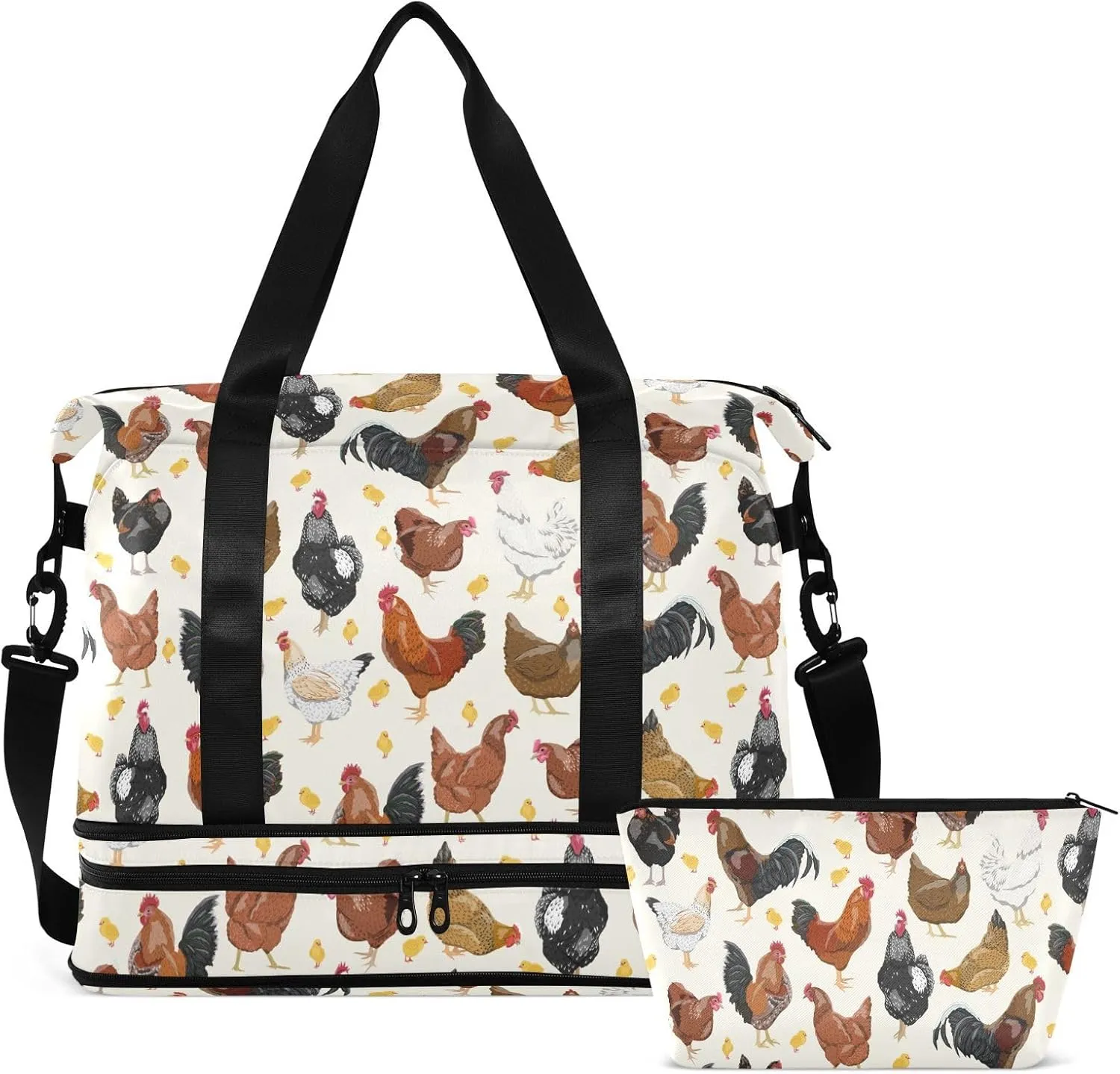 ALAZA Hens Roosters and Chickens Travel Duffel Bag for Women Men Sports Gym Bag with Shoe Compartment Tote Weekender Overnight Bags with Wet Pocket for Travel,Gym,Yoga,Swimming