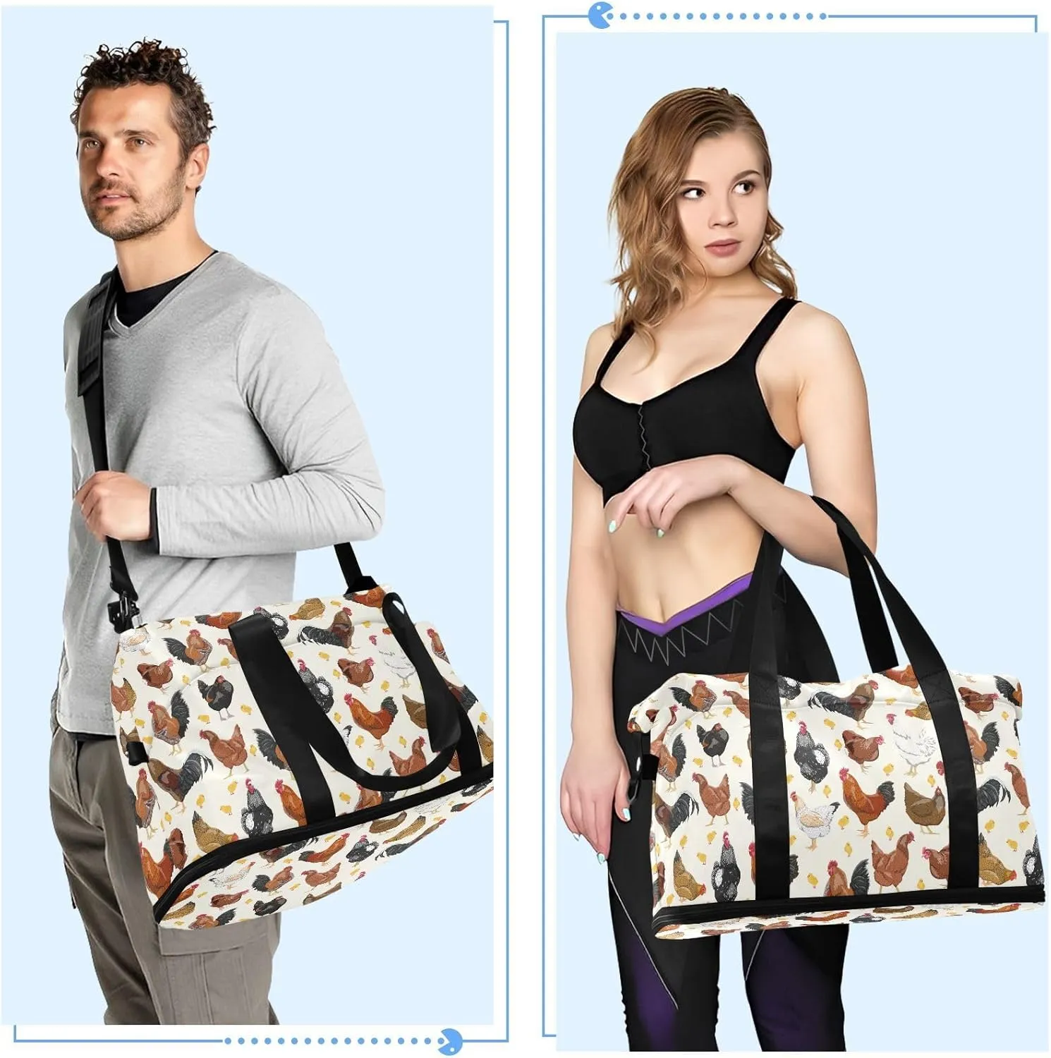 ALAZA Hens Roosters and Chickens Travel Duffel Bag for Women Men Sports Gym Bag with Shoe Compartment Tote Weekender Overnight Bags with Wet Pocket for Travel,Gym,Yoga,Swimming