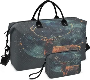 ALAZA Vintage Deer Moon Travel Duffel Bag Gym Bag Sports Tote Bag Weekender Overnight Travel Bag for Women Men Business Trip Workout