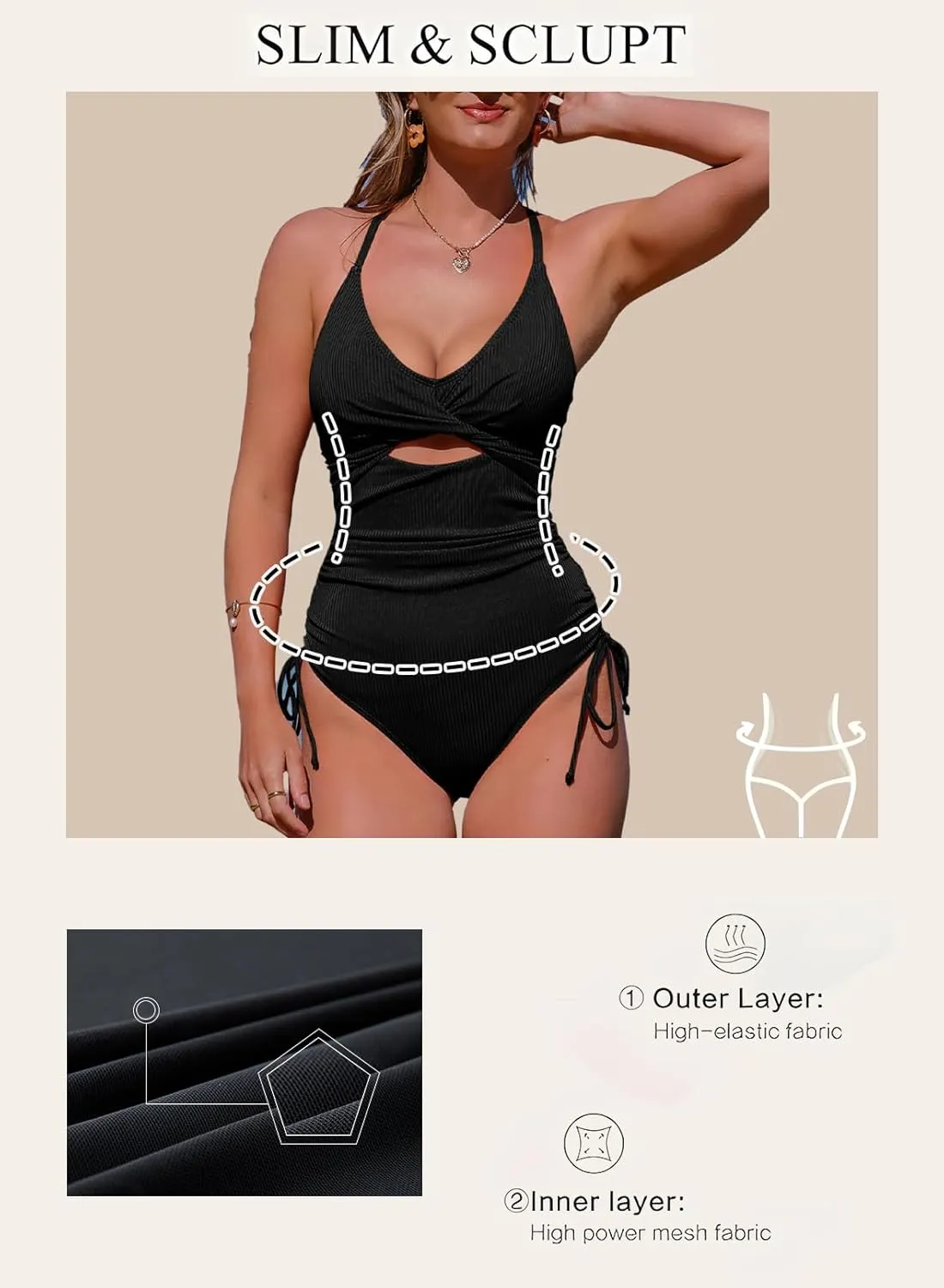 Aleumdr Women's Ribbed One Piece Swimsuit Tummy Control High Cut Bathing Suit Sexy V Neck Criss Cross Monikini