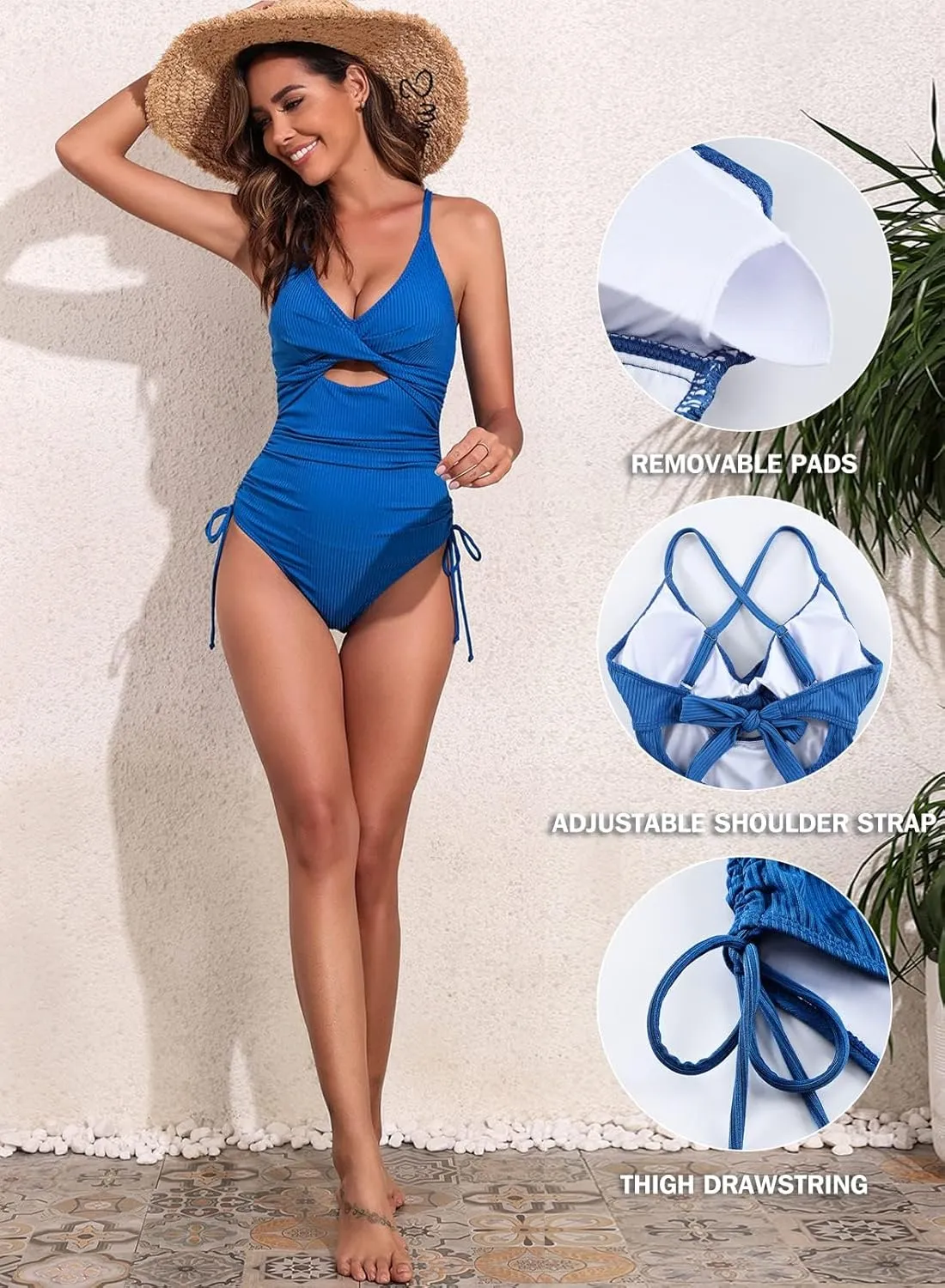 Aleumdr Women's Ribbed One Piece Swimsuit Tummy Control High Cut Bathing Suit Sexy V Neck Criss Cross Monikini