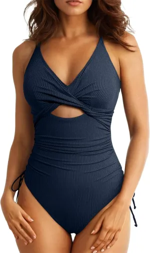 Aleumdr Women's Ribbed One Piece Swimsuit Tummy Control High Cut Bathing Suit Sexy V Neck Criss Cross Monikini
