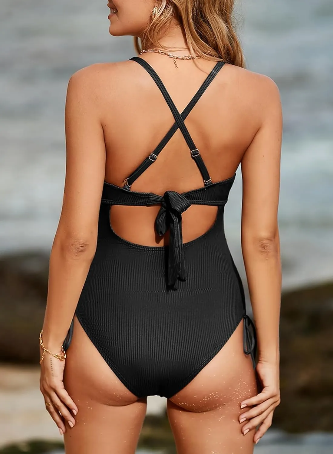 Aleumdr Women's Ribbed One Piece Swimsuit Tummy Control High Cut Bathing Suit Sexy V Neck Criss Cross Monikini