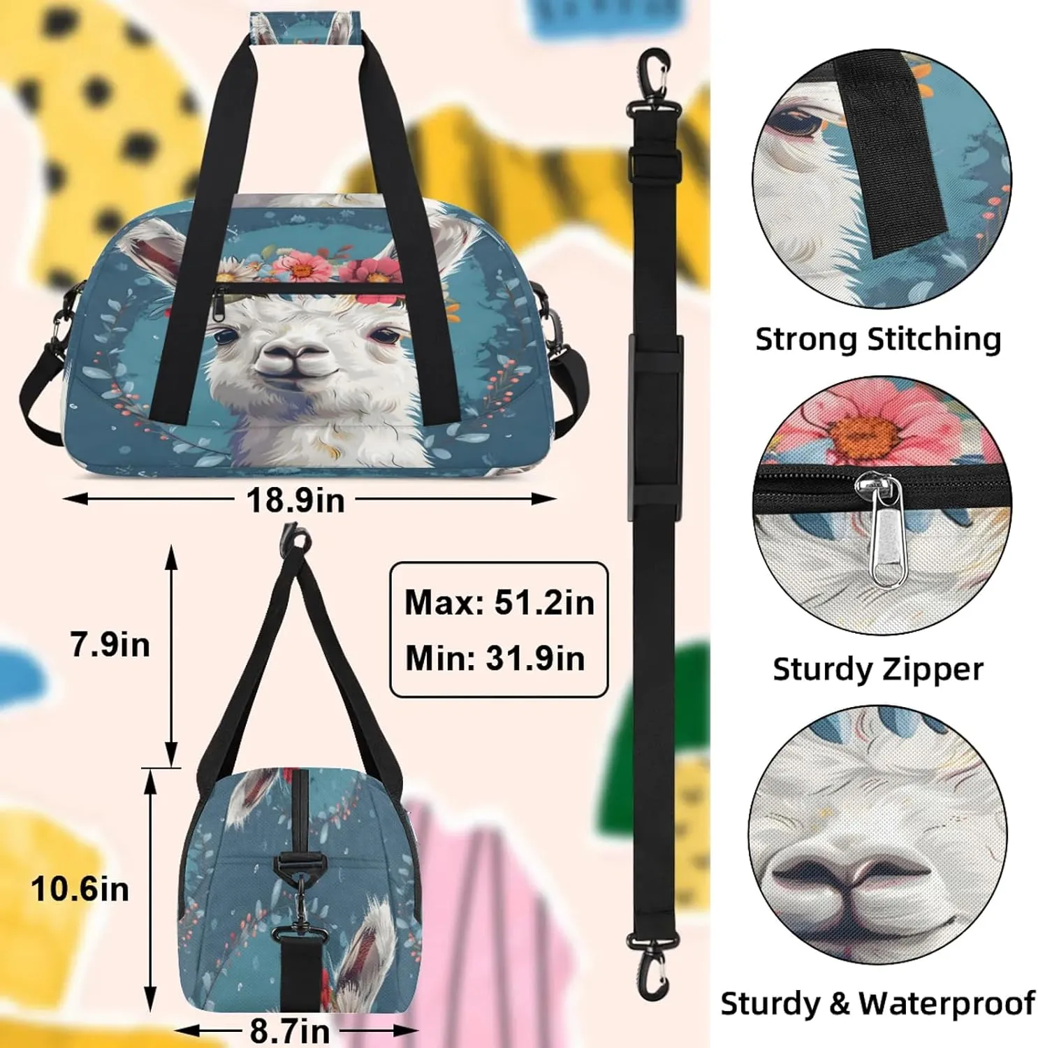 Alpaca Small Gym Bag 18 inch Carry On Duffel Bag for Weekender Travel Sports Workout Yoga Gymnastics Dance Ballet
