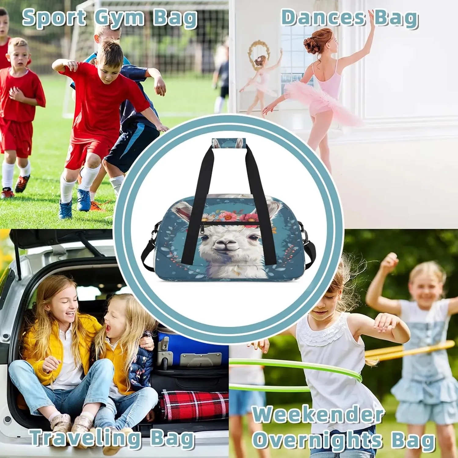 Alpaca Small Gym Bag 18 inch Carry On Duffel Bag for Weekender Travel Sports Workout Yoga Gymnastics Dance Ballet