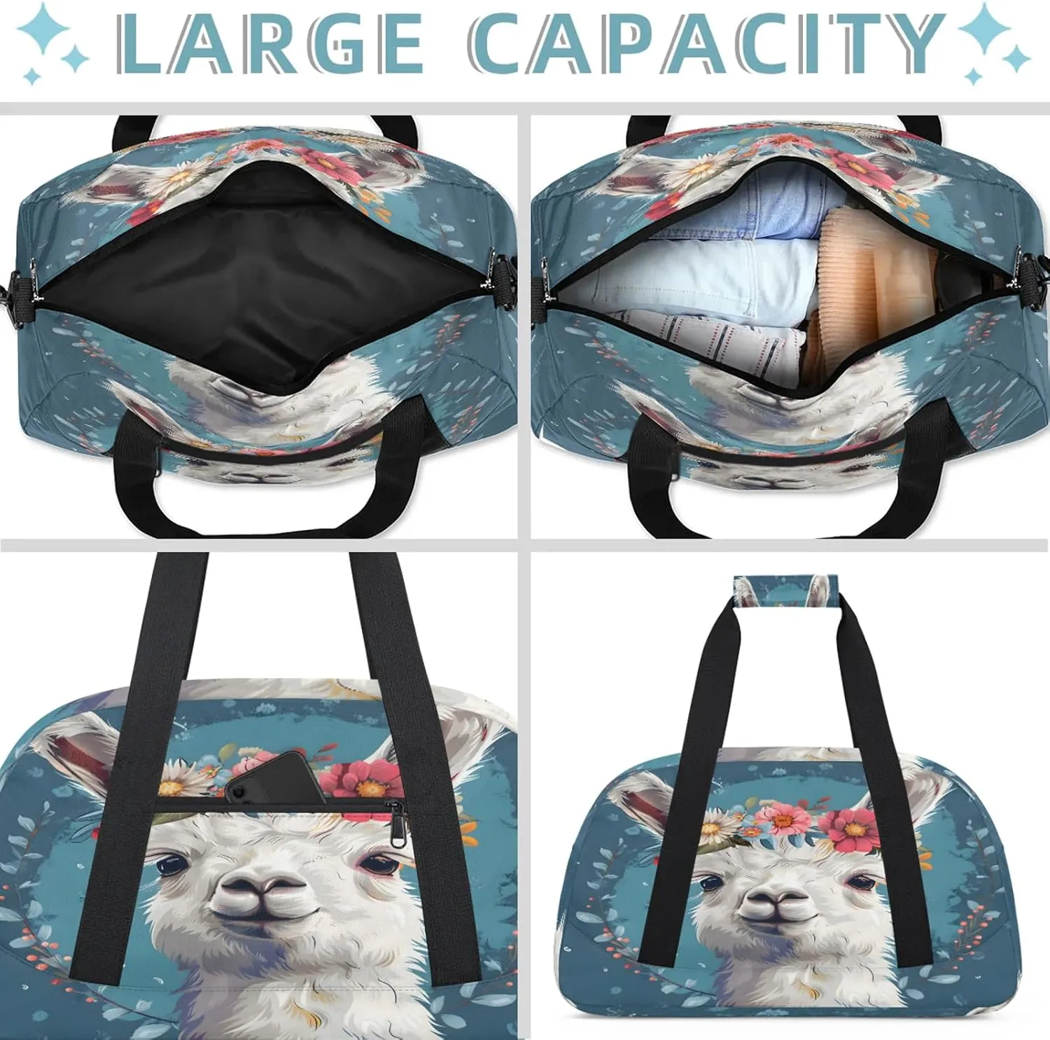 Alpaca Small Gym Bag 18 inch Carry On Duffel Bag for Weekender Travel Sports Workout Yoga Gymnastics Dance Ballet