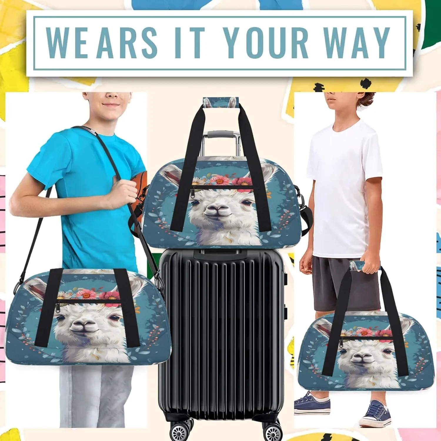 Alpaca Small Gym Bag 18 inch Carry On Duffel Bag for Weekender Travel Sports Workout Yoga Gymnastics Dance Ballet