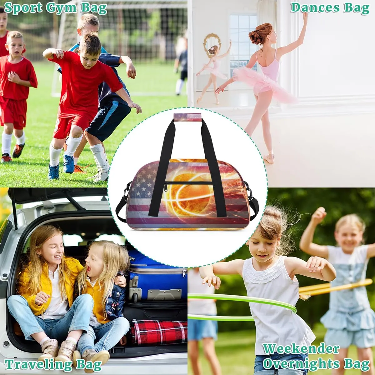 American Flag Basketball Boys Girls Gym Bag Dance Perform Training Duffel Bags Weekender Carry-On Tote Luggage Bag Ideal for School Practice or Overnight Trips