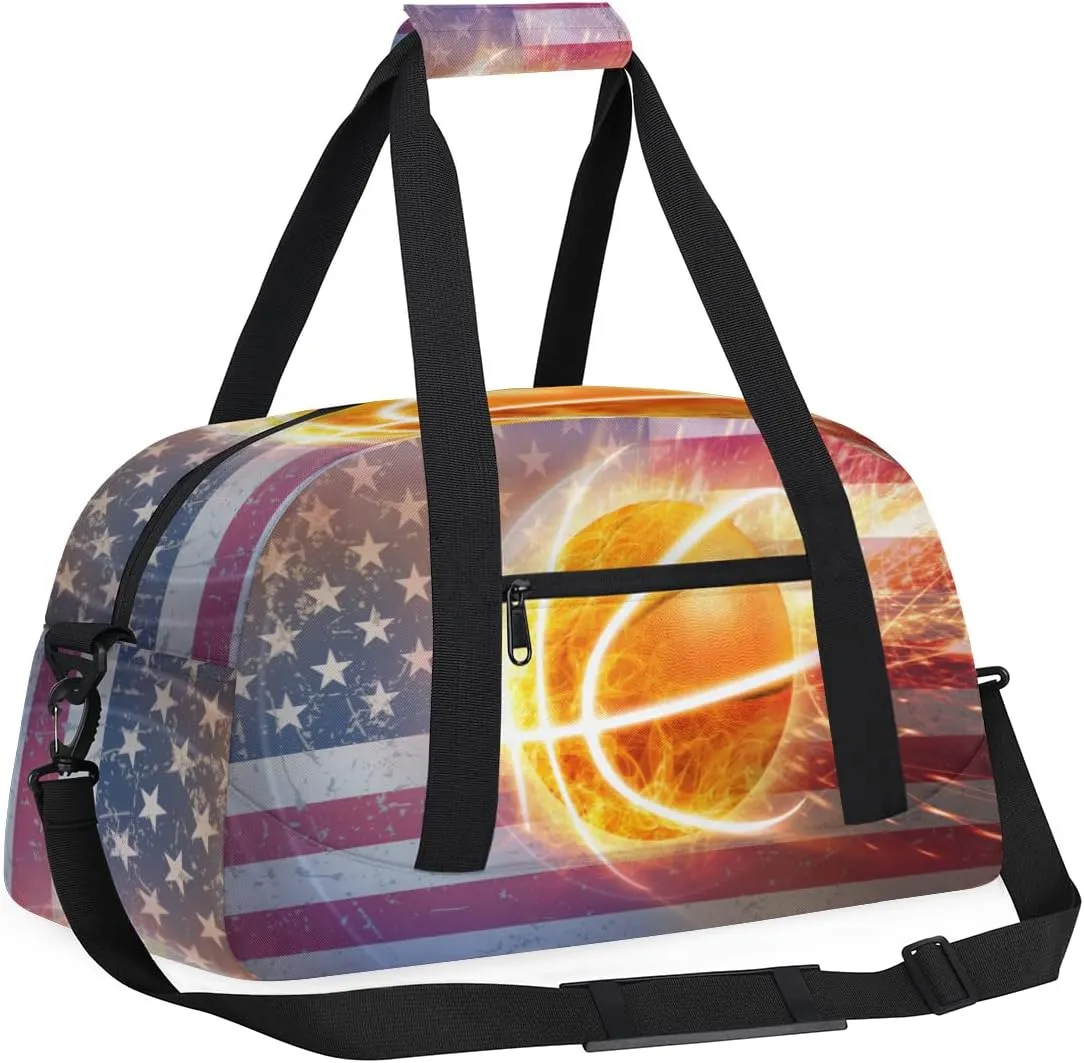 American Flag Basketball Boys Girls Gym Bag Dance Perform Training Duffel Bags Weekender Carry-On Tote Luggage Bag Ideal for School Practice or Overnight Trips