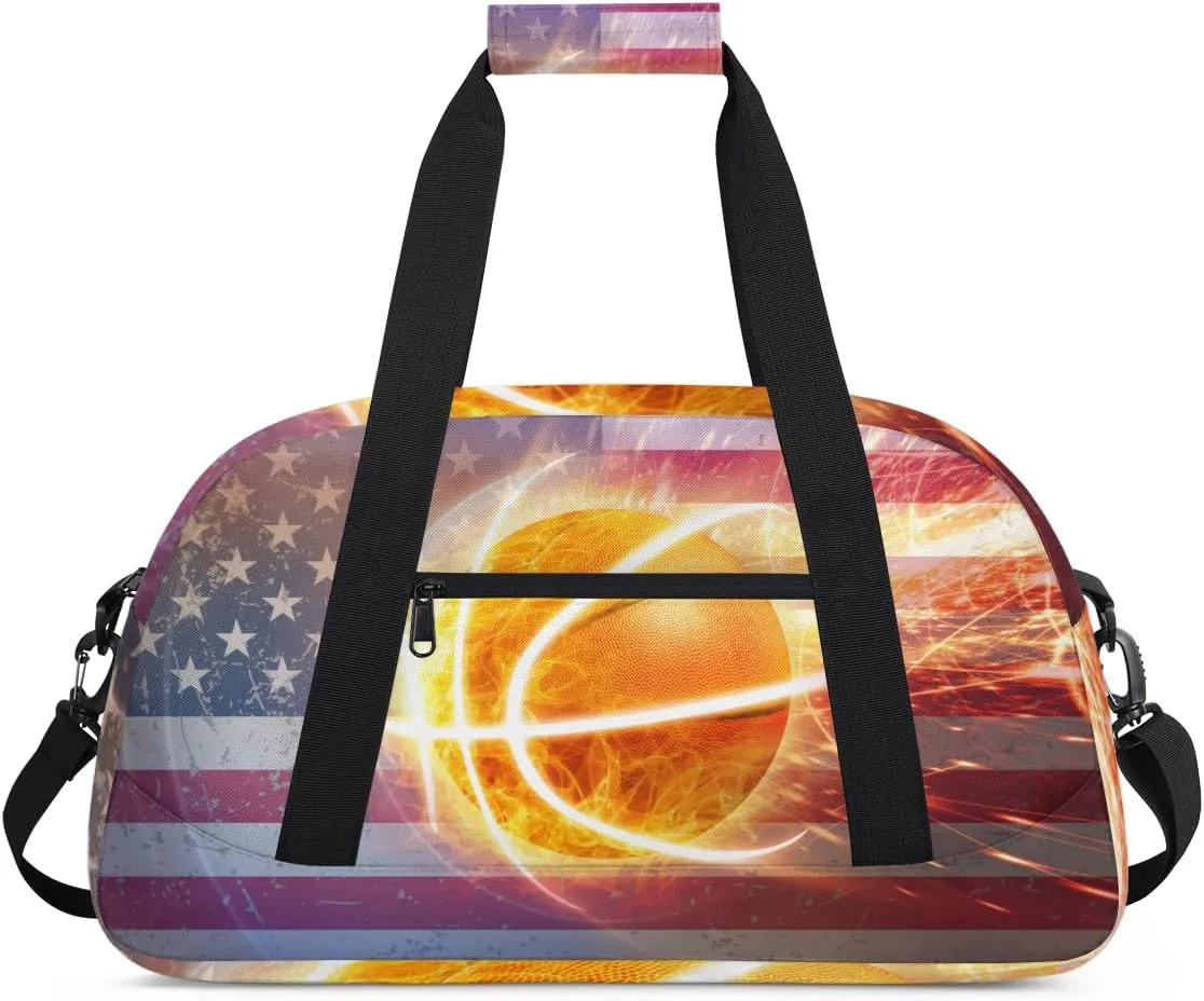 American Flag Basketball Boys Girls Gym Bag Dance Perform Training Duffel Bags Weekender Carry-On Tote Luggage Bag Ideal for School Practice or Overnight Trips