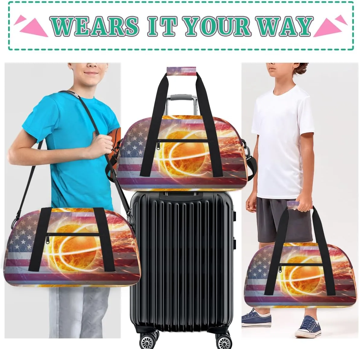 American Flag Basketball Boys Girls Gym Bag Dance Perform Training Duffel Bags Weekender Carry-On Tote Luggage Bag Ideal for School Practice or Overnight Trips