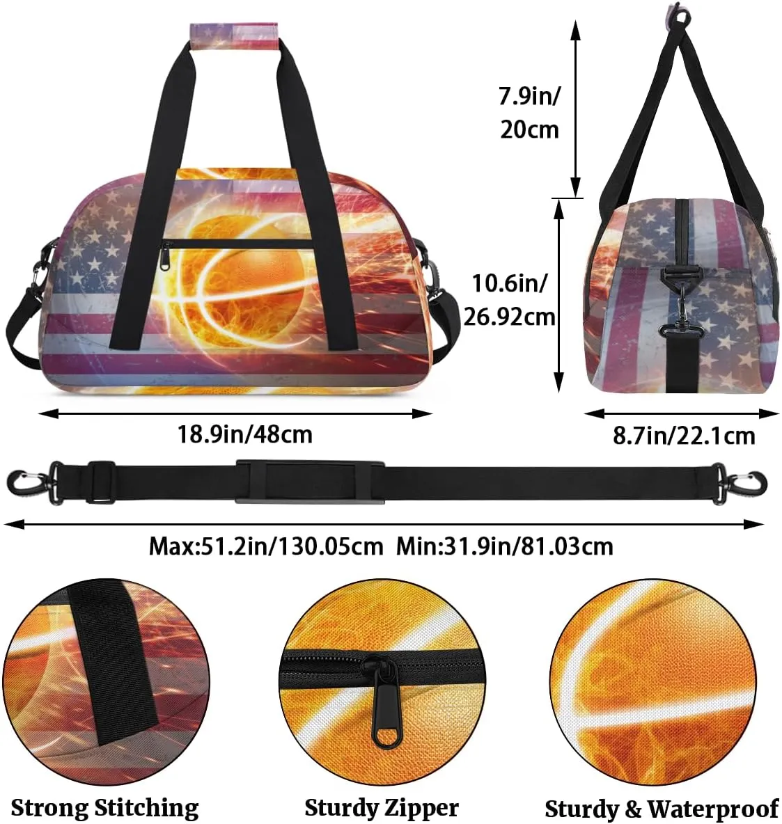 American Flag Basketball Boys Girls Gym Bag Dance Perform Training Duffel Bags Weekender Carry-On Tote Luggage Bag Ideal for School Practice or Overnight Trips