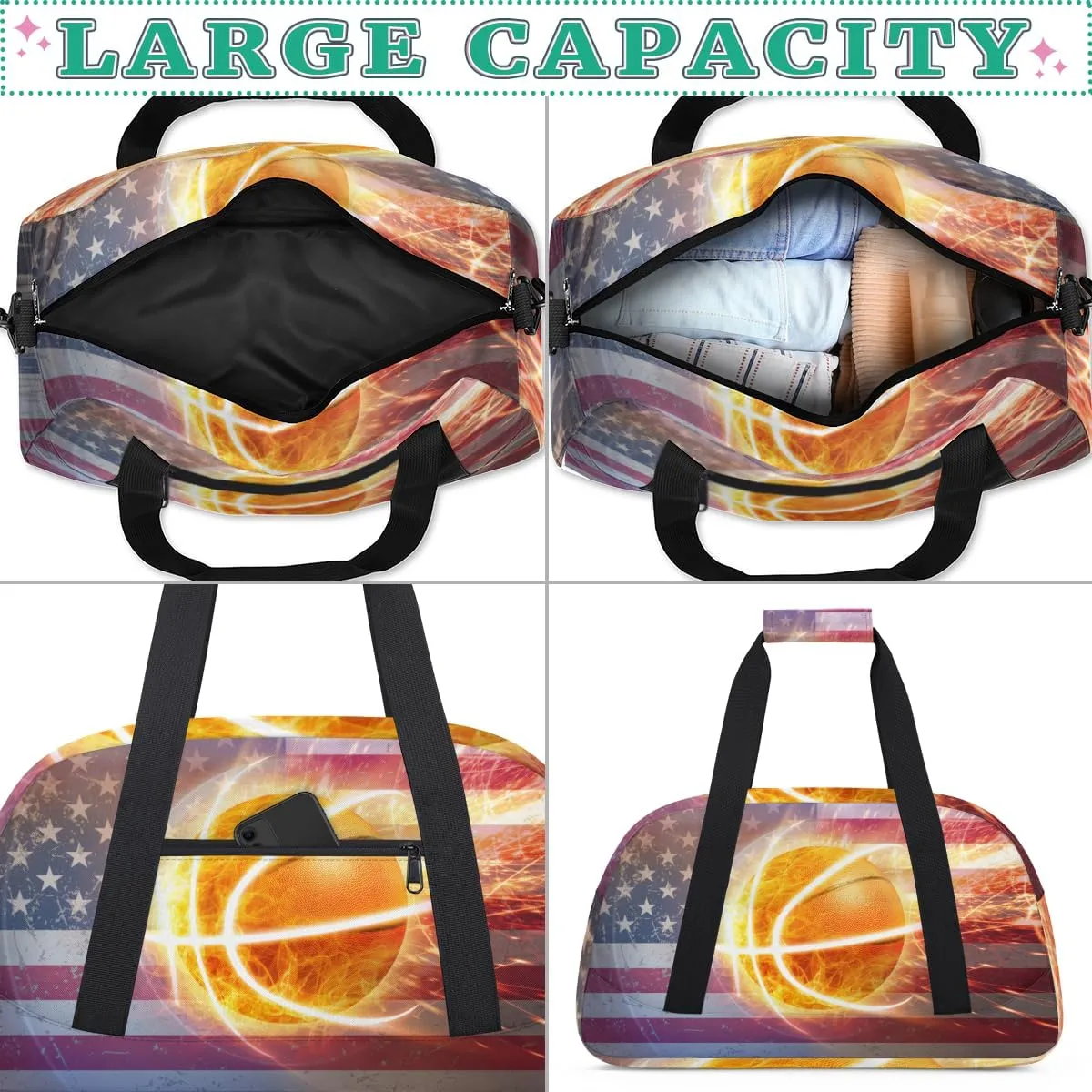 American Flag Basketball Boys Girls Gym Bag Dance Perform Training Duffel Bags Weekender Carry-On Tote Luggage Bag Ideal for School Practice or Overnight Trips