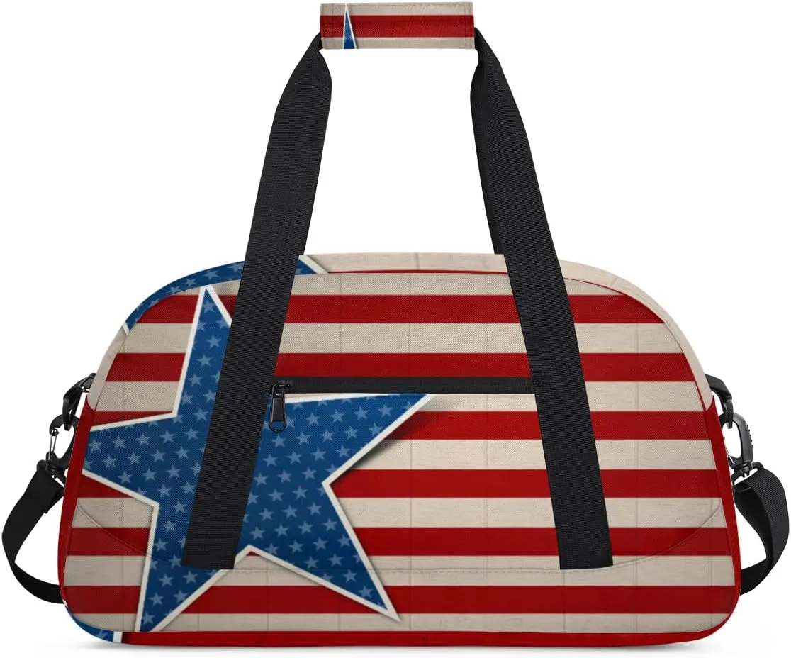 American Independence Day Gym Duffel Bag for Men Women Flag Sports Tote Bag with Adjustable Shoulder Strap for Dance Gymnastics Traveling Outdoor Camping Overnight Stay