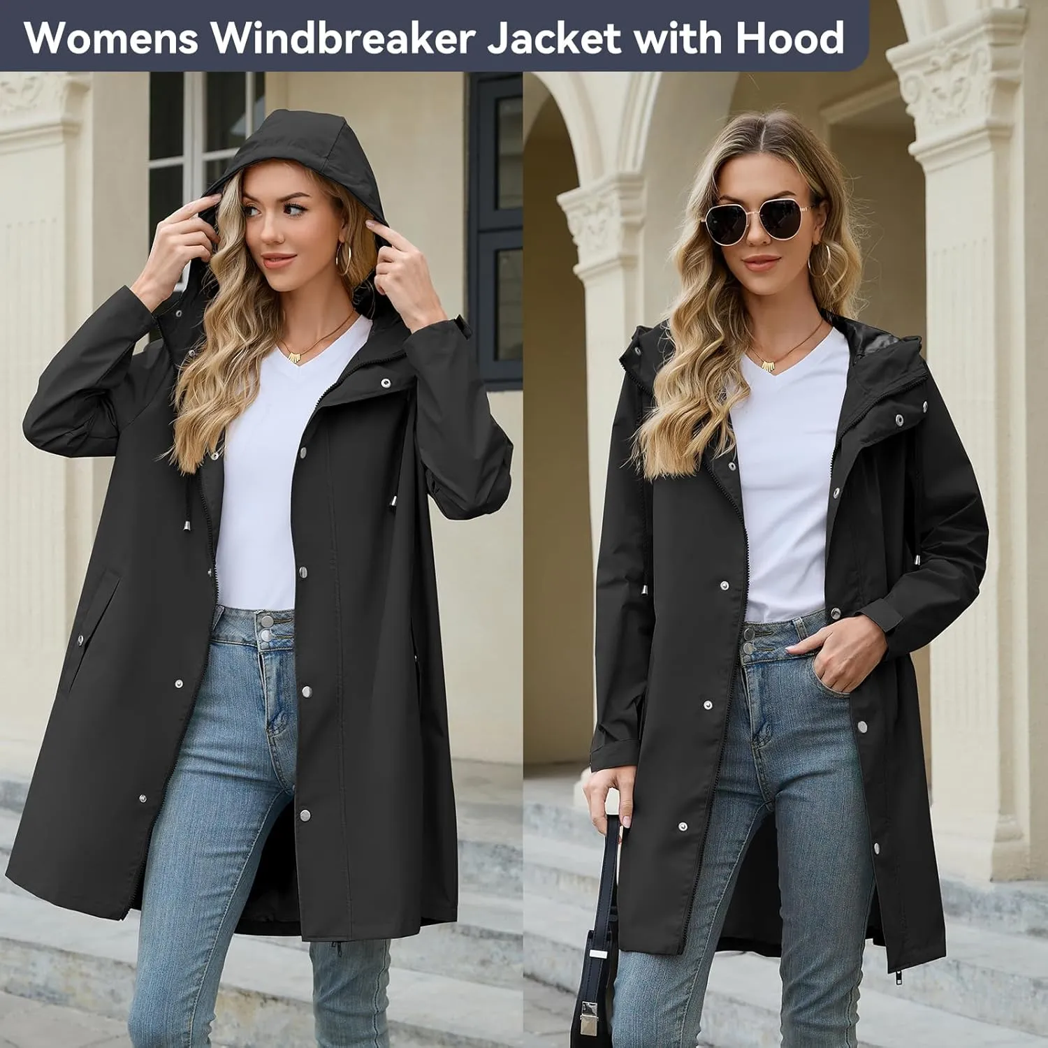 American Trends Packable Waterproof Rain Jacket Women with Hood Raincoat Windbreaker Long Hooded Trench Coats S-2XL Available