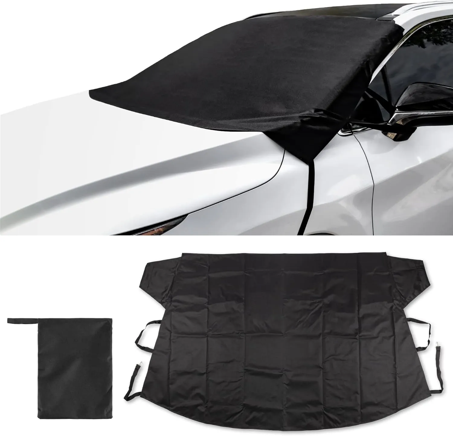 Amiss Windshield Cover for Ice and Snow, 600D Oxford Fabric Windshield Frost Cover, All Weather Winter Summer Car Snow Cover for Trucks and SUVs, Car Exterior Accessories - Black (70.8 x 42.9 Inch)