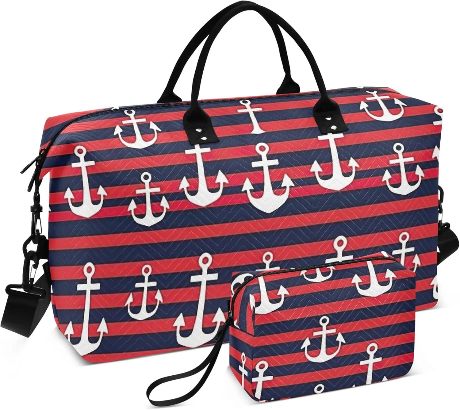 Anchors Stripe Travel Duffel Bag with Toiletry Bag Personalized Weekender Bag for Travel Business Sports Large Overnight Bag Gym Duffel Bag for Women & Men