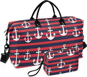 Anchors Stripe Travel Duffel Bag with Toiletry Bag Personalized Weekender Bag for Travel Business Sports Large Overnight Bag Gym Duffel Bag for Women & Men