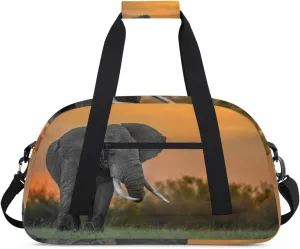 Animals Elephant Gym Duffel Bag for Men Women Sunset Forest Sports Tote Bag with Adjustable Shoulder Strap for Dance Gymnastics Traveling Outdoor Camping Overnight Stay