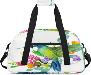 Animals Hummingbird Gym Duffel Bag for Men Women Colorful Flowers Sports Tote Bag with Adjustable Shoulder Strap for Dance Gymnastics Traveling Outdoor Camping Overnight Stay