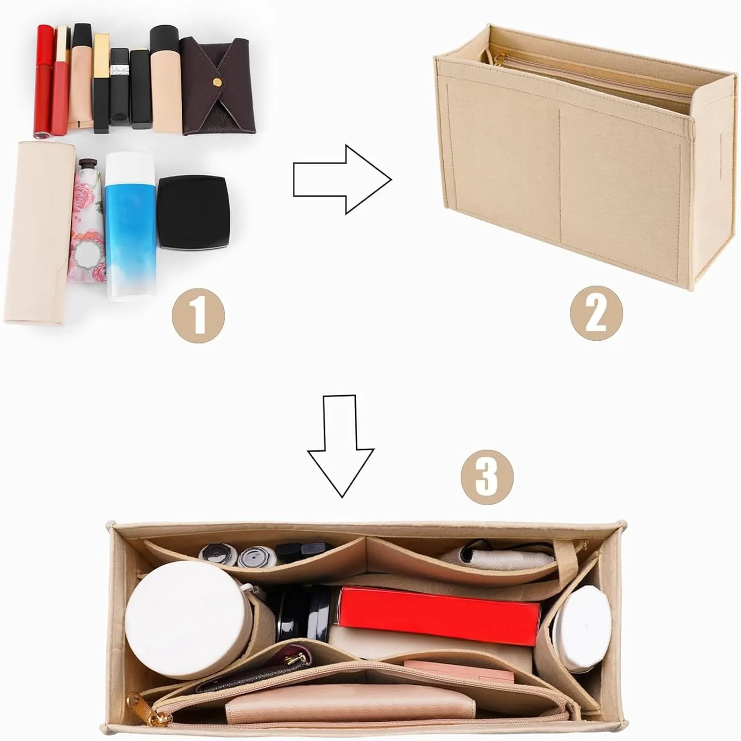 ANTOLE Purse Organizer Insert,Felt Bag Organizer with Metal Zipper,Tote Bag Organizer Insert,Handbag Organizer,Felt Insert Bag Organizer for Tote & Purse (Khaki-XL)