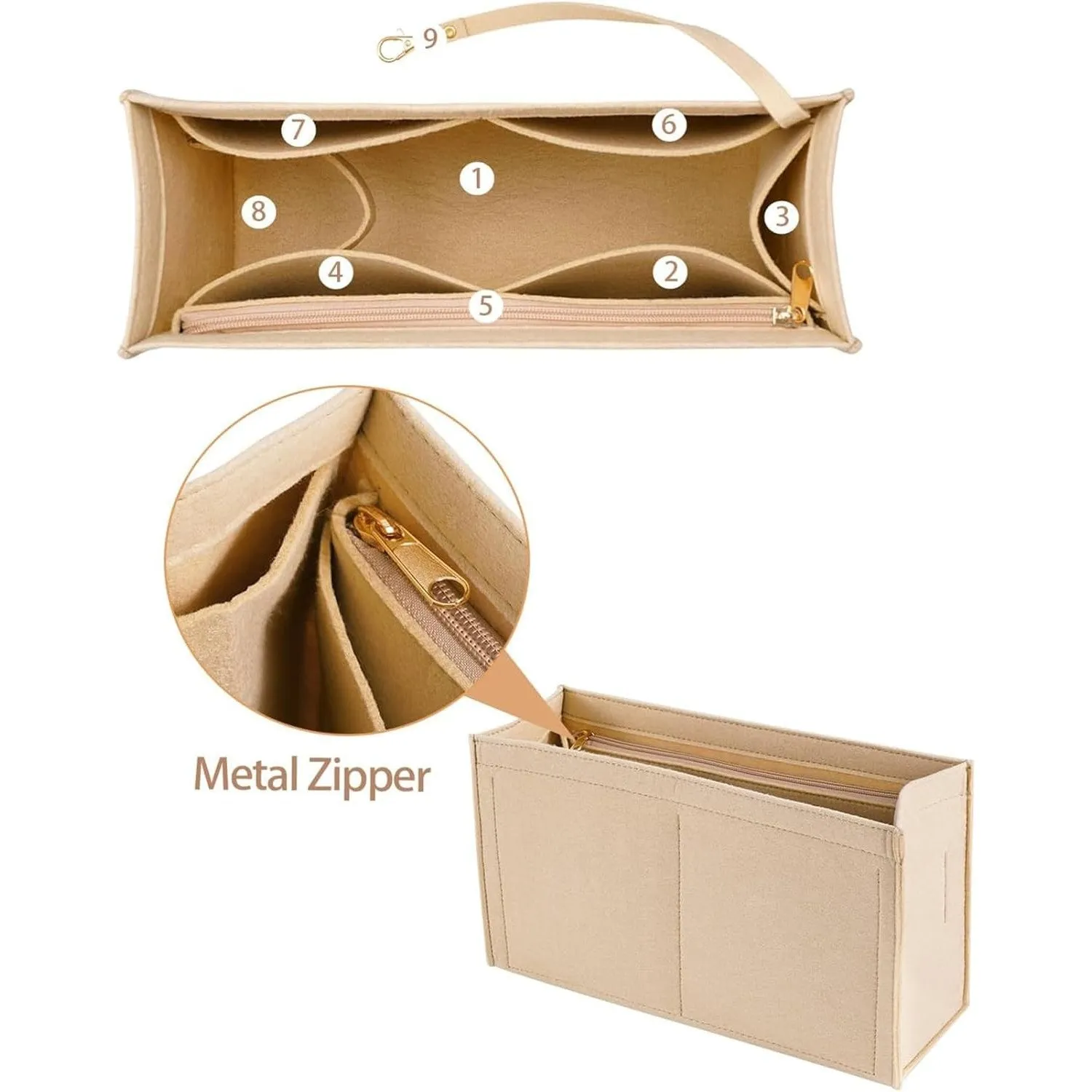 ANTOLE Purse Organizer Insert,Felt Bag Organizer with Metal Zipper,Tote Bag Organizer Insert,Handbag Organizer,Felt Insert Bag Organizer for Tote & Purse (Khaki-XL)