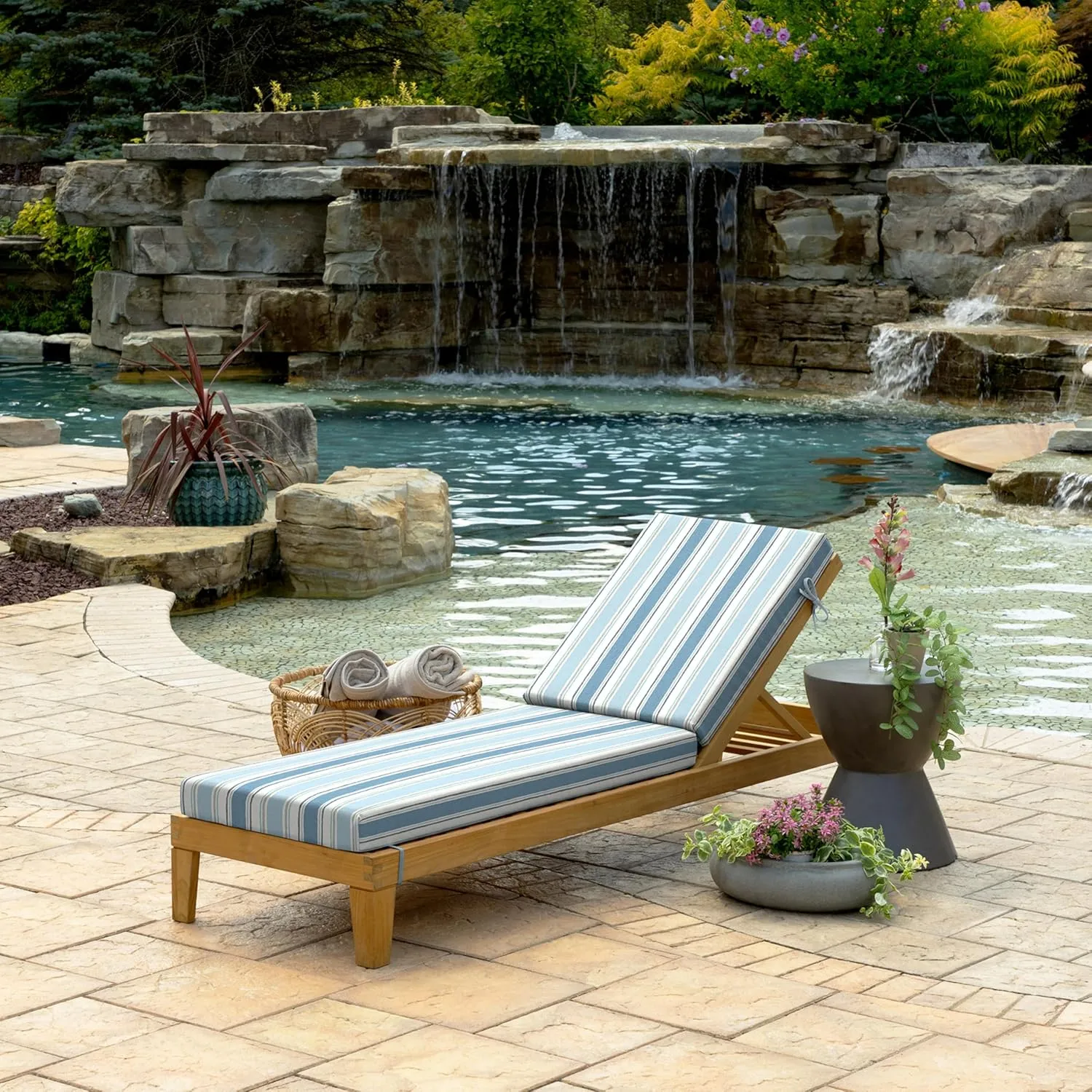 Arden Foam Outdoor Chaise Lounge Cushion, 21 x 72, Made with ProFoam, Rain-Proof, Fade Resistant, French Blue Linen Stripe