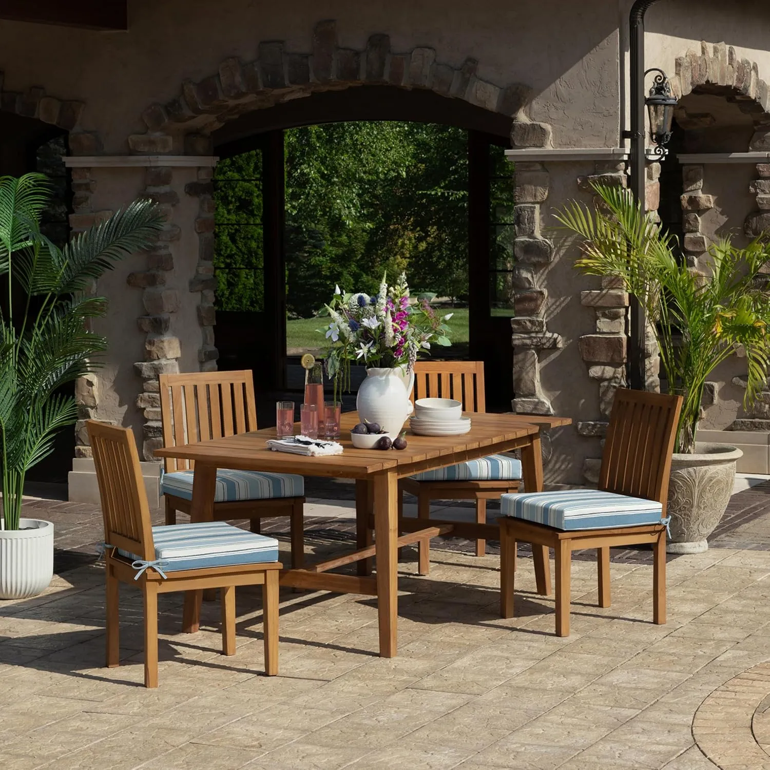 Arden Foam Outdoor Dining Seat Cushion, 19 x 19, Made with ProFoam, Rain-Proof, Fade Resistant, French Blue Linen Stripe
