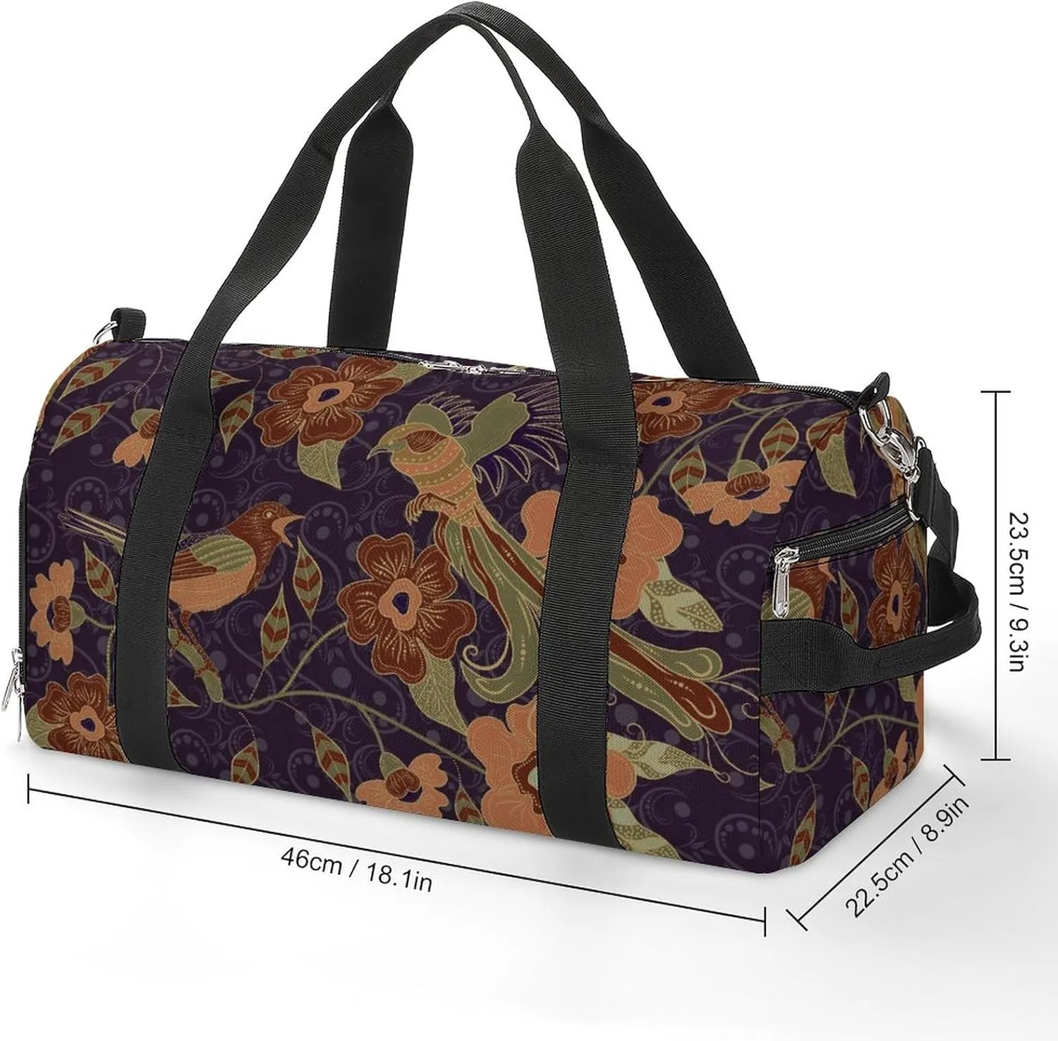 Asian-traditional-batik-with-floral-bird Sports Tote Gym Bag for Women Men, Overnight Bag with Shoe Compartment Water Resistant