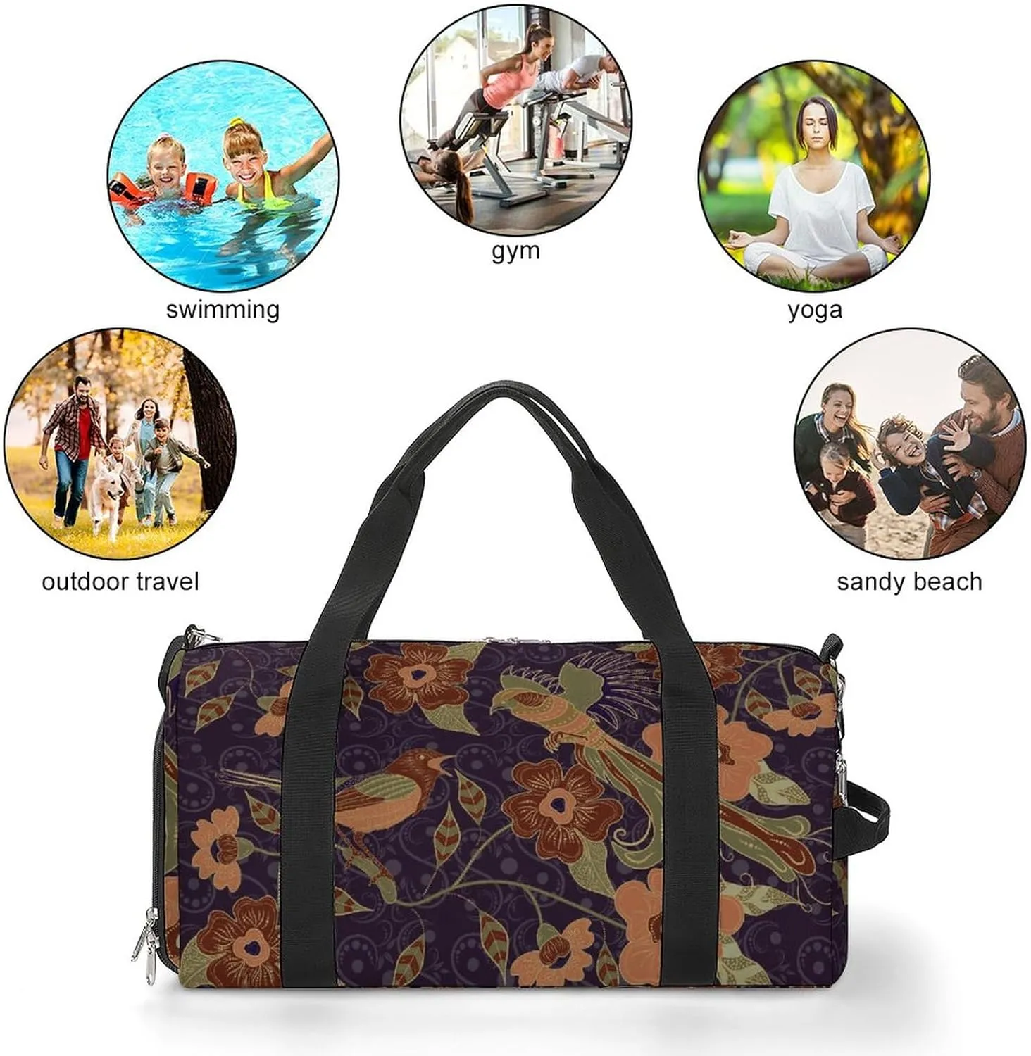 Asian-traditional-batik-with-floral-bird Sports Tote Gym Bag for Women Men, Overnight Bag with Shoe Compartment Water Resistant