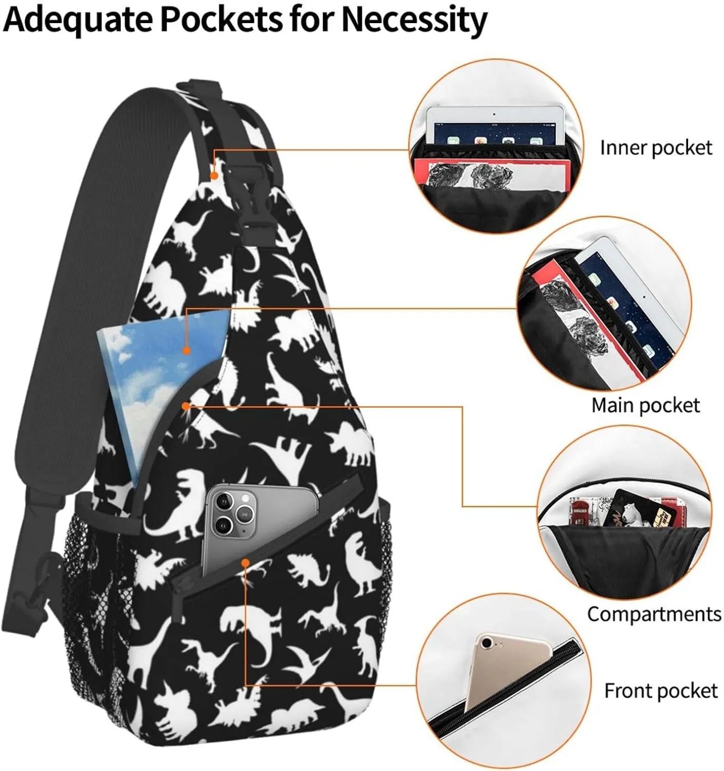 ASYG Cute Funny Dinosaur Sling Bag Crossbody Backpack for Women Men Travel Hiking Daypack Dino Crossbody Shoulder Bag
