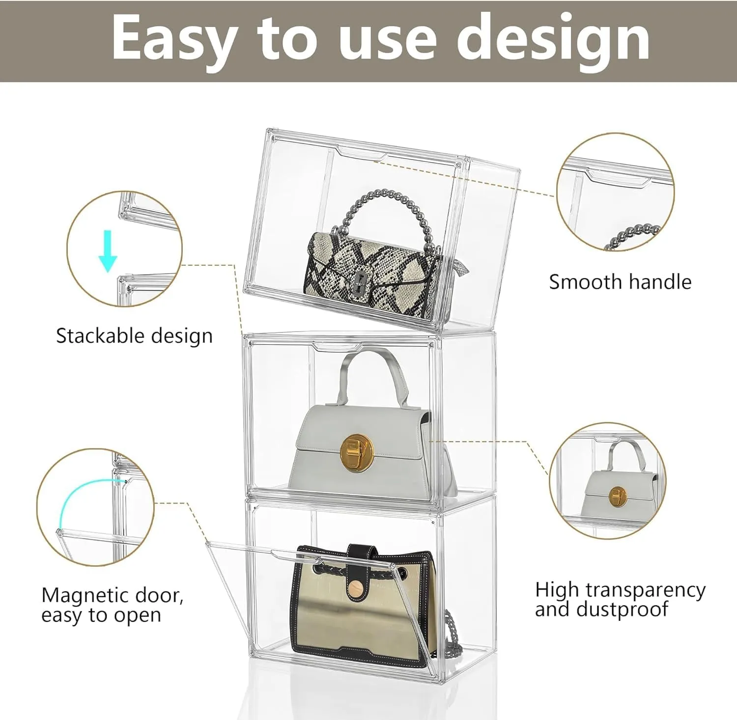 Attelite Plastic Purse and Handbag storage Organizer for Closet, Clear Acrylic Display Case with Magnetic Door for Wallet, Book, Cosmetic, Clutch Organization 3 Pcs