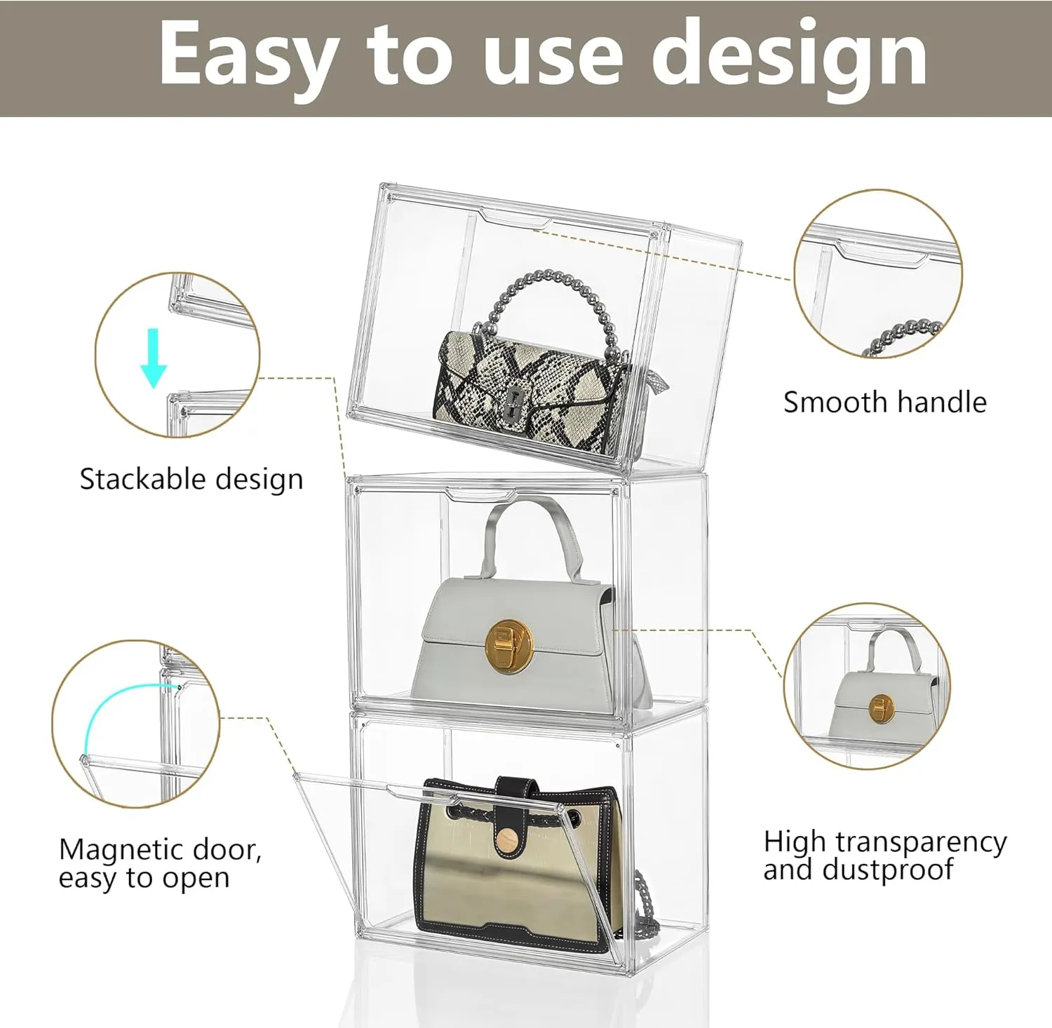 Attelite Purse Organizer for Closet, 5 Pack X-Large Handbags Storage Organizer,Stackable Storage Bins for Collectibles, Cosmetic,Heels