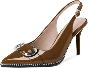AUMOTED Women Slingback Heels Stilettos High Heel Beaded Pumps Pointed Toe 3.5 Inch Heels