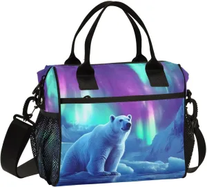 Aurora Polar Bear Lunch Bag Insulated Reusable Leak-proof Lunch Box Cooler Bag with Thermal Aluminum Lining Detachable Shoulder Strap Medium