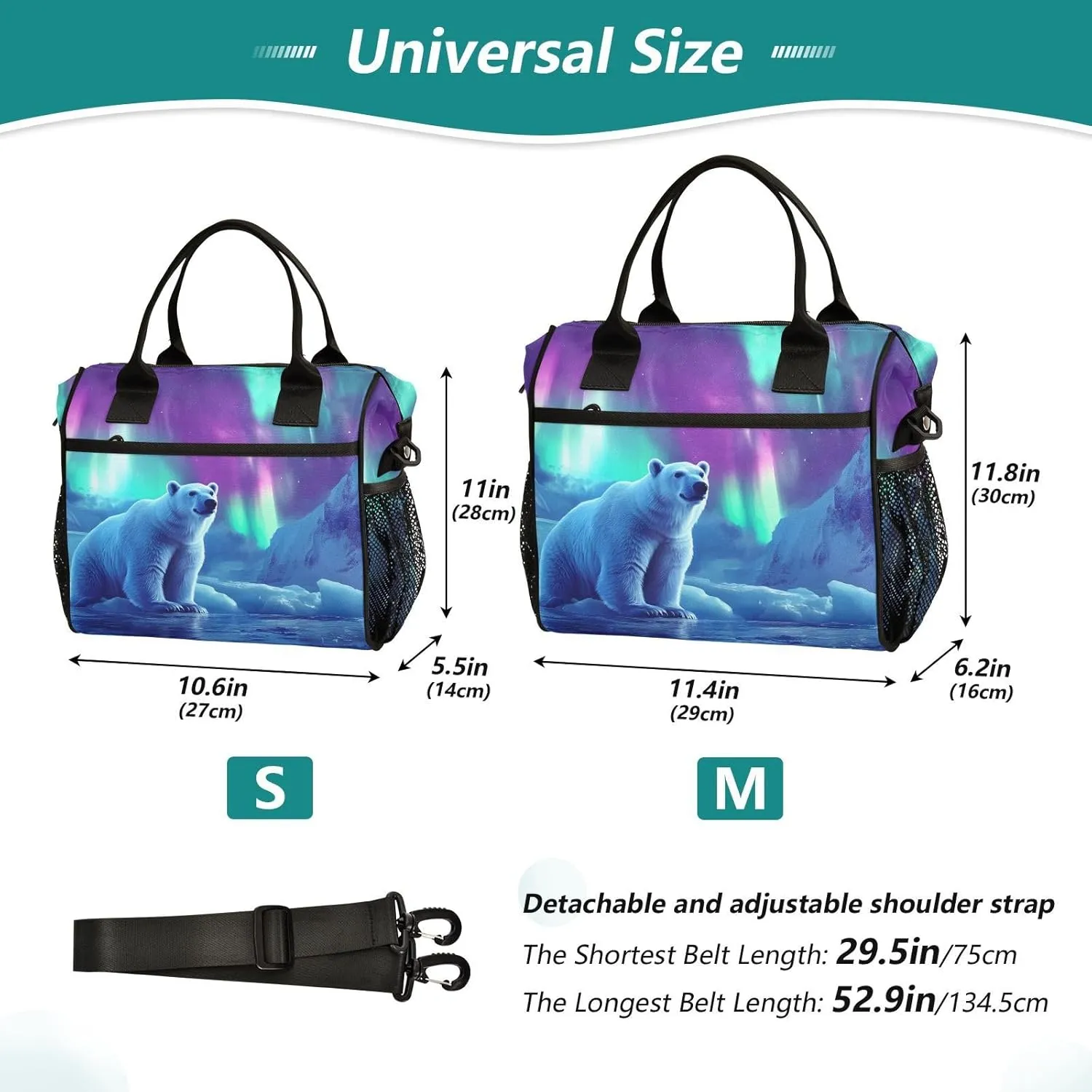 Aurora Polar Bear Lunch Bag Insulated Reusable Leak-proof Lunch Box Cooler Bag with Thermal Aluminum Lining Detachable Shoulder Strap Medium