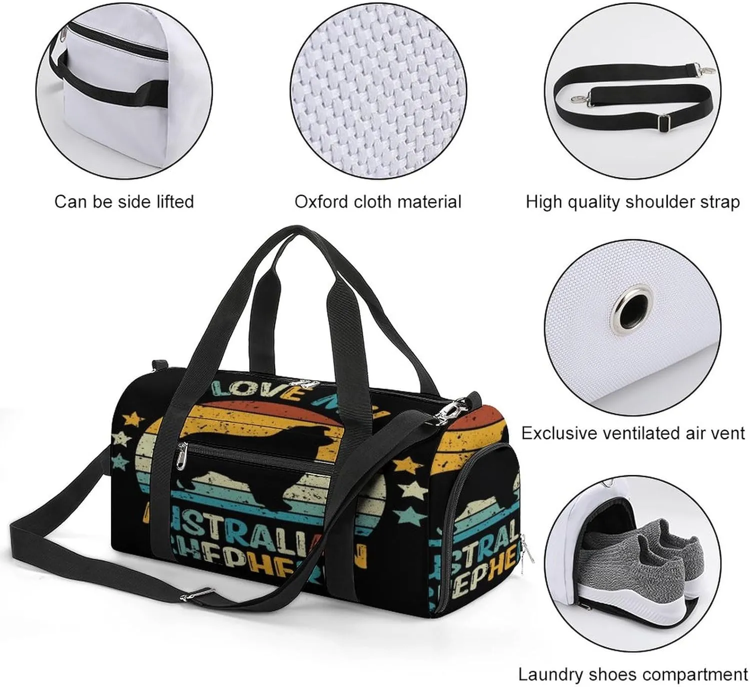 Australian-shepherd Pattern Sports Tote Gym Bag for Women Men, Overnight Bag with Shoe Compartment Water Resistant