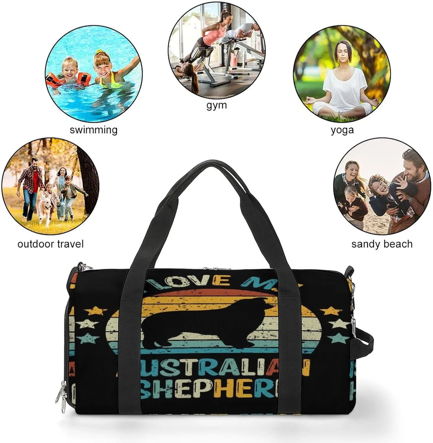Australian-shepherd Pattern Sports Tote Gym Bag for Women Men, Overnight Bag with Shoe Compartment Water Resistant
