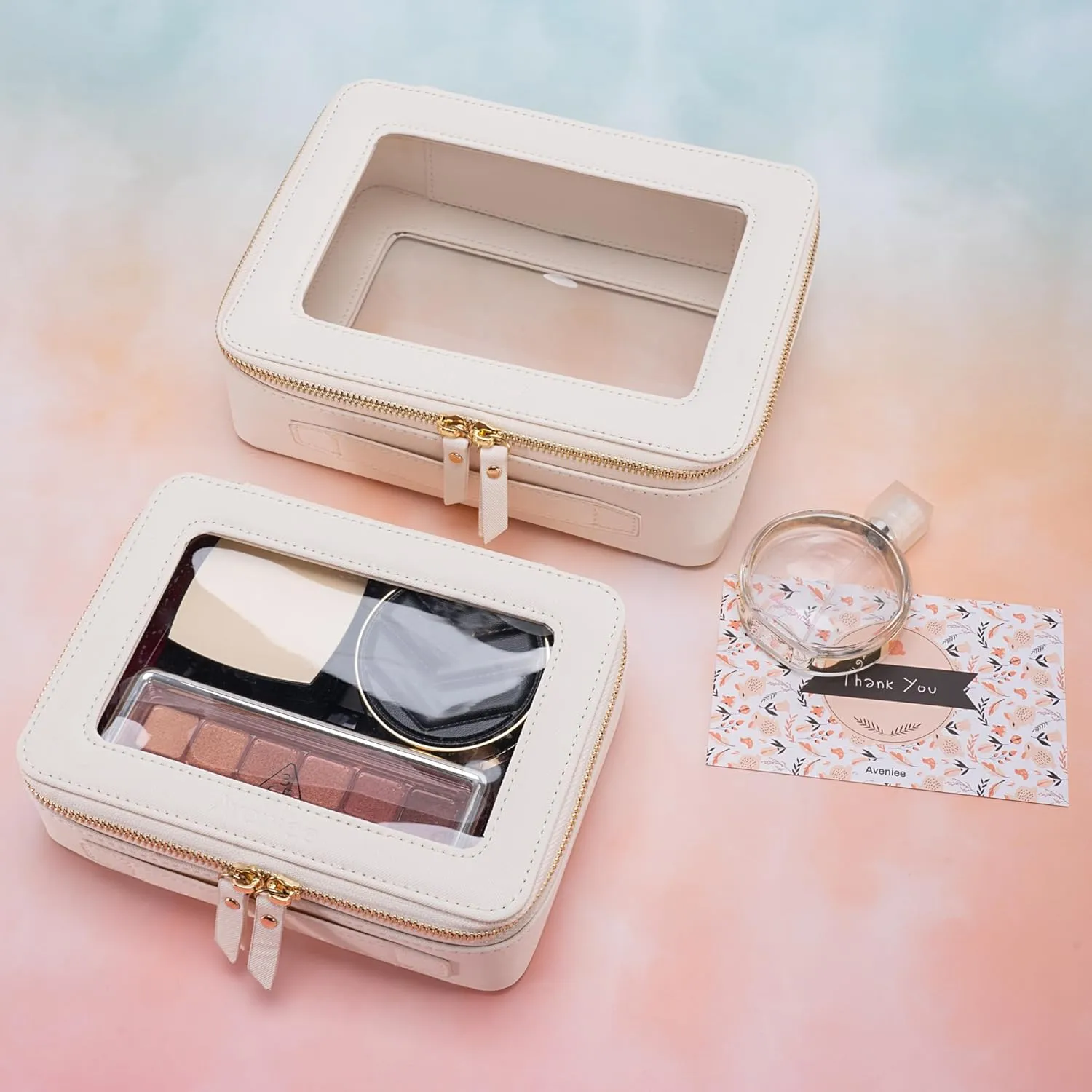 Aveniee Clear Makeup Bag Organizer, Portable Travel Toiletry Cosmetic Bag Case for Women, Heavy Duty Vegan Leather Make Up Pouch with Transparent Vinyl Windows & Gold Zippers 2pcs(Beige)