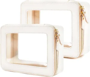Aveniee Clear Makeup Bag Organizer, Portable Travel Toiletry Cosmetic Bag Case for Women, Heavy Duty Vegan Leather Make Up Pouch with Transparent Vinyl Windows & Gold Zippers 2pcs(Beige)