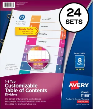 Avery 8 Tab Dividers for 3 Ring Binders, Customizable Table of Contents, Multicolor Tabs, 24 Sets (11168)