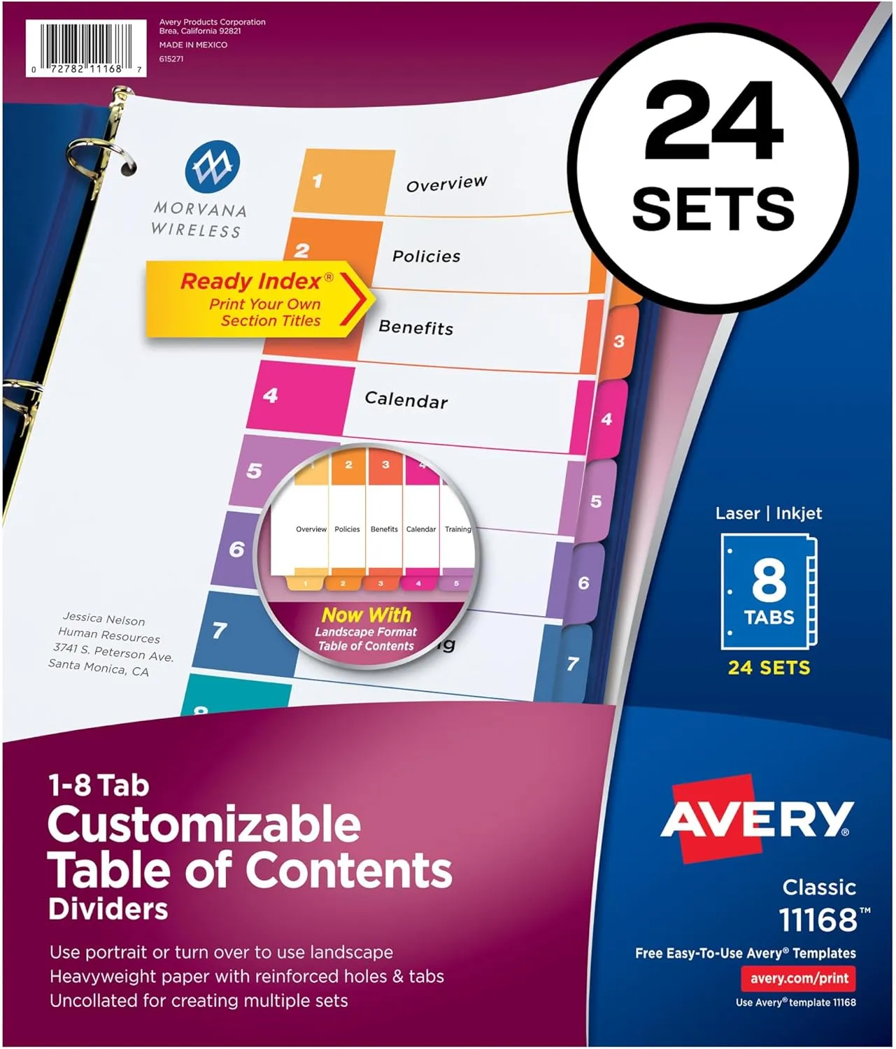 Avery 8 Tab Dividers for 3 Ring Binders, Customizable Table of Contents, Multicolor Tabs, 24 Sets (11168)