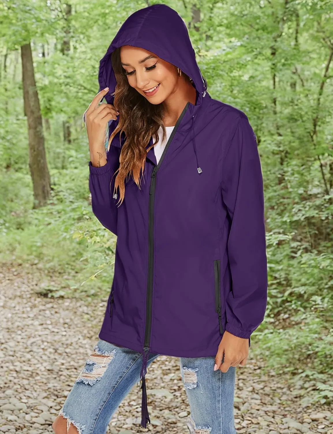 Avoogue Womens Waterproof Raincoat Lightweight Breathable Rain Jacket Hooded Rain Coat Outdoor Active Windbreaker with Pocket