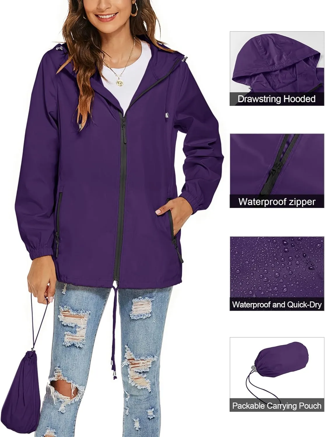 Avoogue Womens Waterproof Raincoat Lightweight Breathable Rain Jacket Hooded Rain Coat Outdoor Active Windbreaker with Pocket
