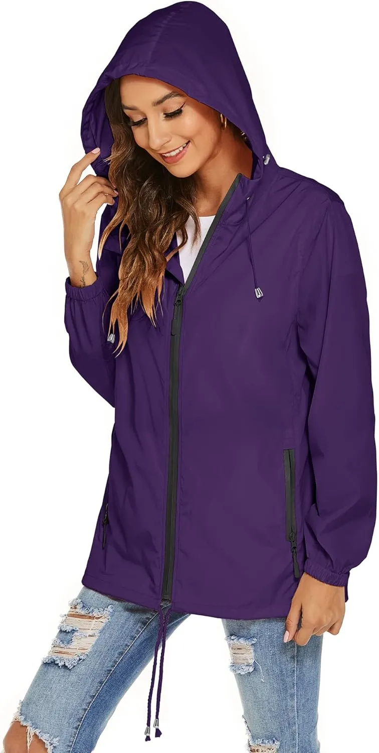 Avoogue Womens Waterproof Raincoat Lightweight Breathable Rain Jacket Hooded Rain Coat Outdoor Active Windbreaker with Pocket