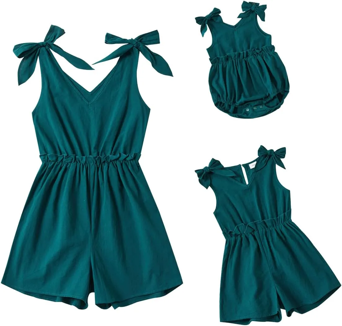 AWIBMK Mommy and Me Dresses Outfits Floral Sling Family Matching Romper V Neck Clothes Suit Set for Mother and Daughter