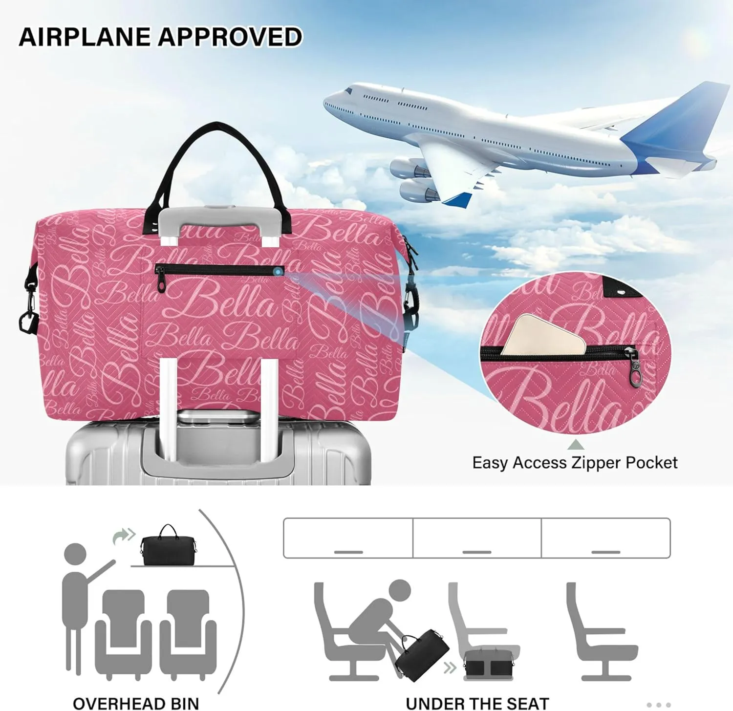 Azalea Custom Name Travel Duffel Bag with Toiletry Bag Personalized Weekender Bag for Trips Sports Business Large Overnight Carry On Bag for Women & Men