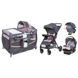 Baby Trend Deluxe II Nursery Center Playard with Canopy, Toy Bar & Bassinet Bundle with Passport Cargo Travel System, Pink Bamboo